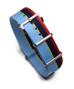 Durable one piece nylon Light Blue Navy Red and Yellow Stripe watch strap band Peugeot Inspired Rally with stainless steel brushed hardware in 20mm
