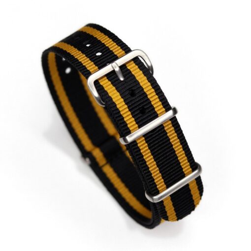 Durable one piece nylon Black Yellow Stripe watch strap band lotus john player with stainless steel brushed hardware in 20mm