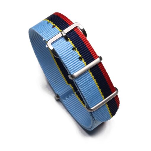 Durable one piece nylon Light Blue Navy Red and Yellow Stripe watch strap band Peugeot Inspired Rally with stainless steel brushed hardware in 20mm